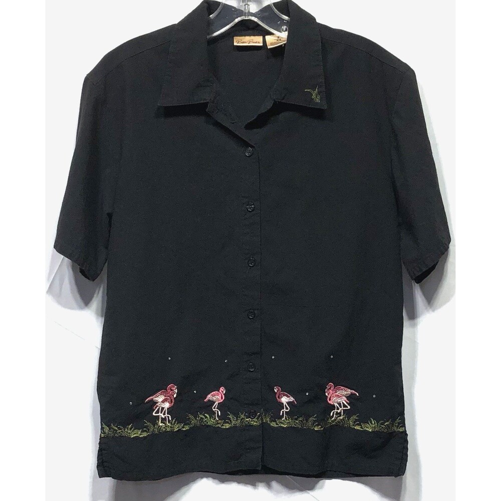 Bobbie Brooks Blouse Top S Blk Embroidered Applique Flamingos Beads Fun capsule